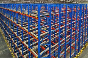 Warehouse storage inside shelving metal pallets