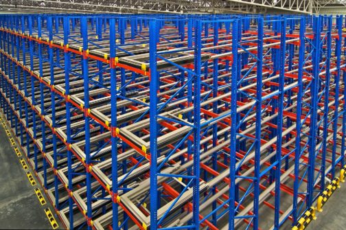 Warehouse storage inside shelving metal pallets